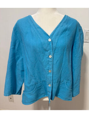 Heaven Blue Linen Button Down Shirt or jacket XL, pockets peplum pleated